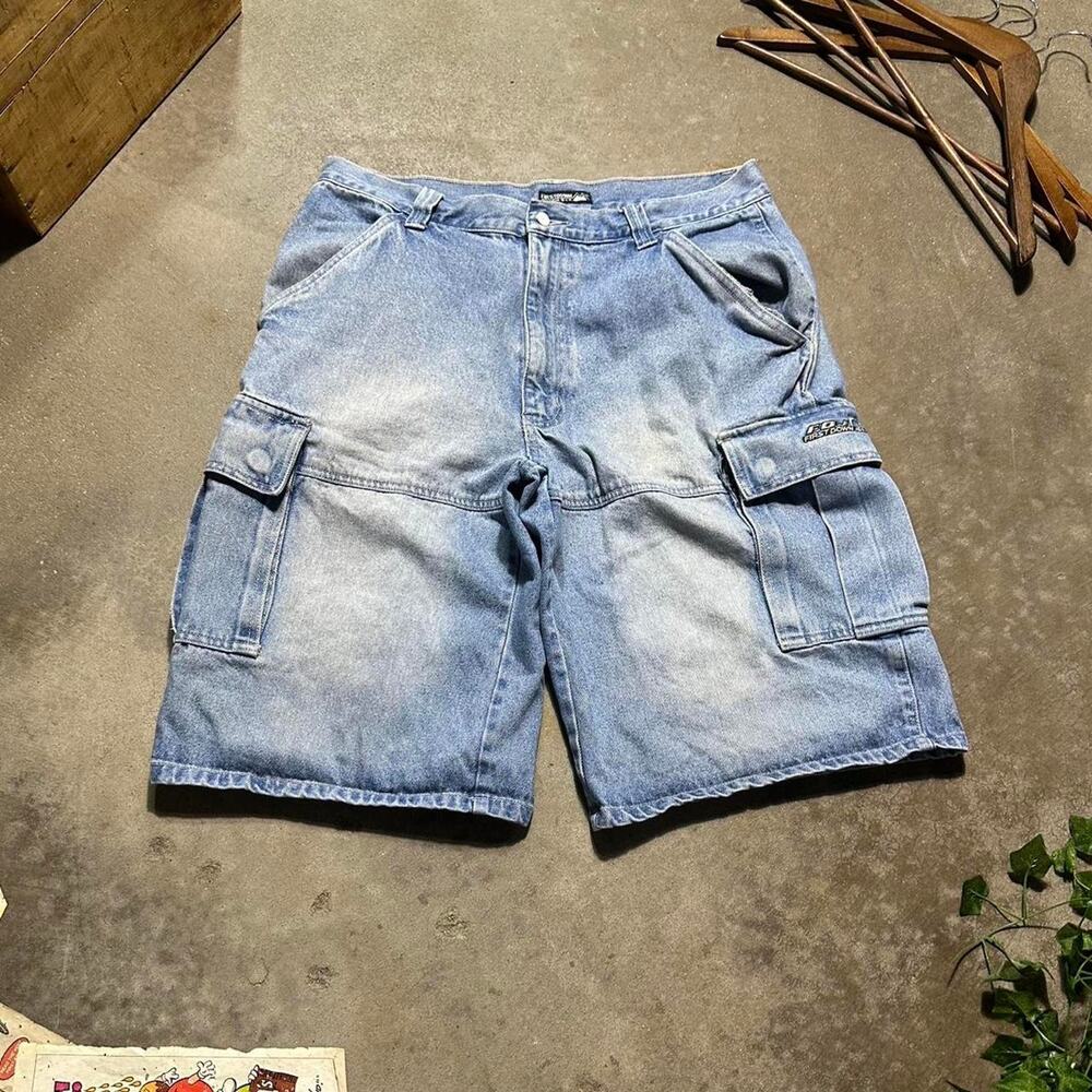 Vintage 90s First Down Baggy Cargo Jean Shorts Light Wash Embroidered Jorts
